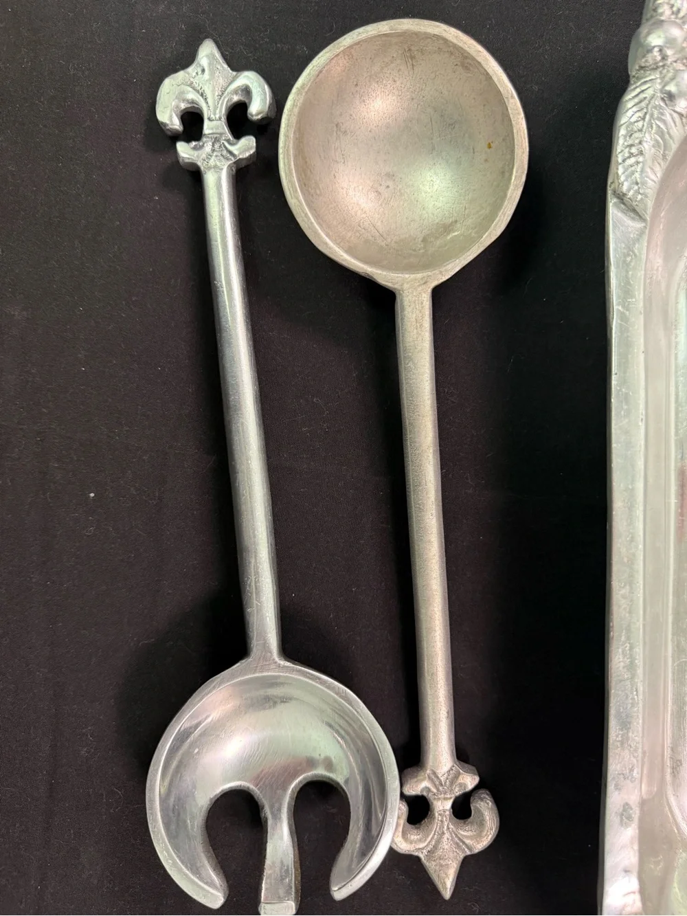Vintage Rectangular Pewter Serving Tray with Ornate Fruit Motif Handles